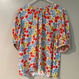 Ann Taylor Red and Blue Puff Sleeve Ruched Blouse